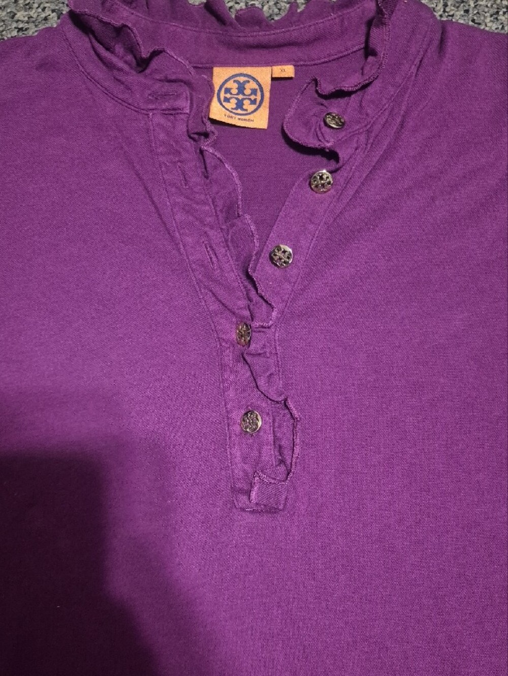 Tory Burch Purple Ruffle Henley Short Sleeve Tee - Picture 3 of 4